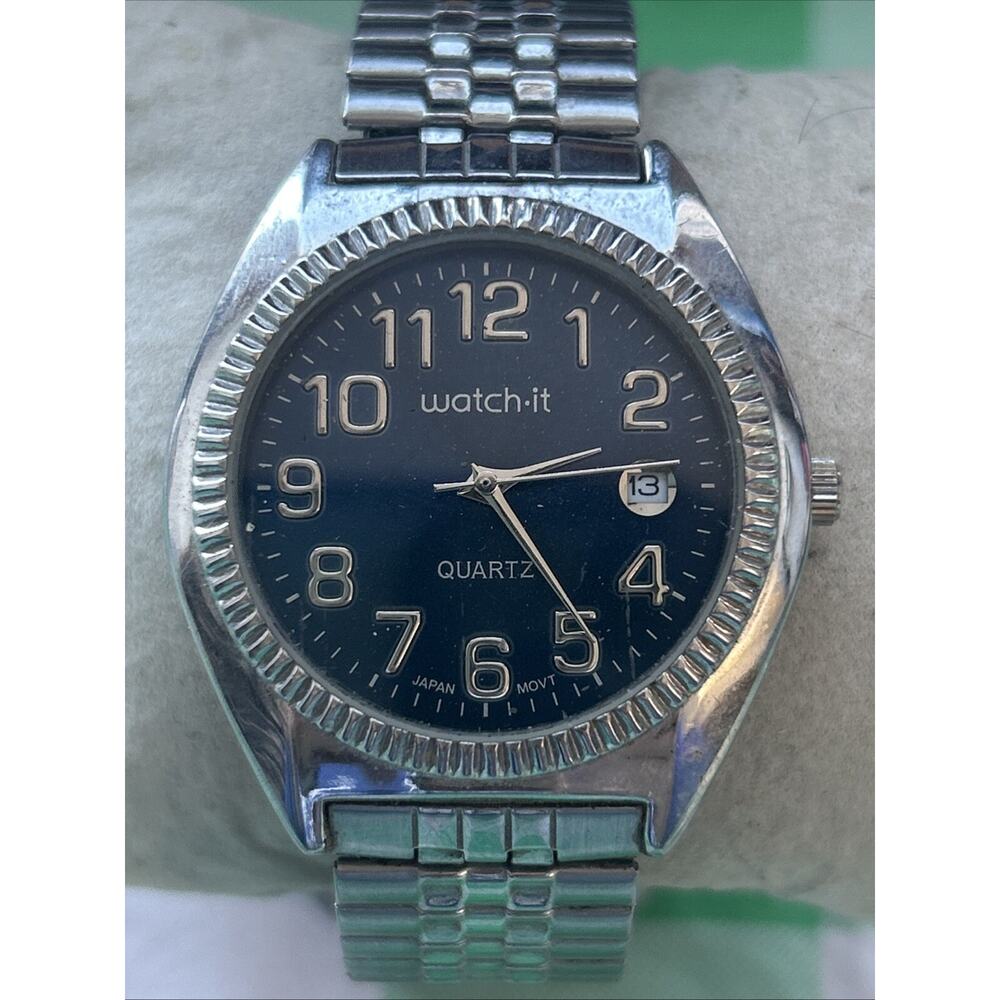 Watch-It Navy Blue Dial Silver Tone Women’s Stretch Band Watch